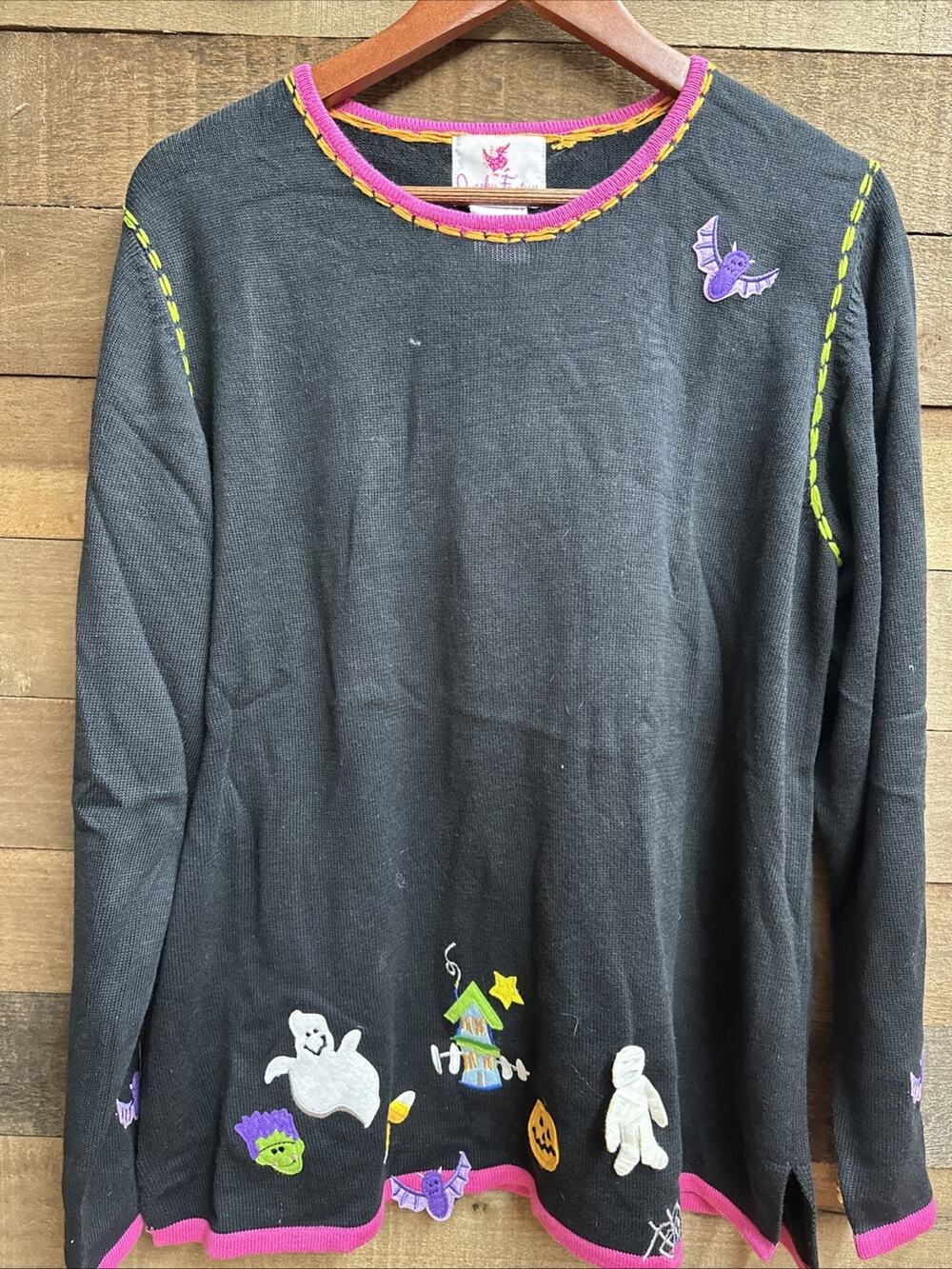Quacker Factory Quirky Halloween Black Pullover Sweater Sz L NWT